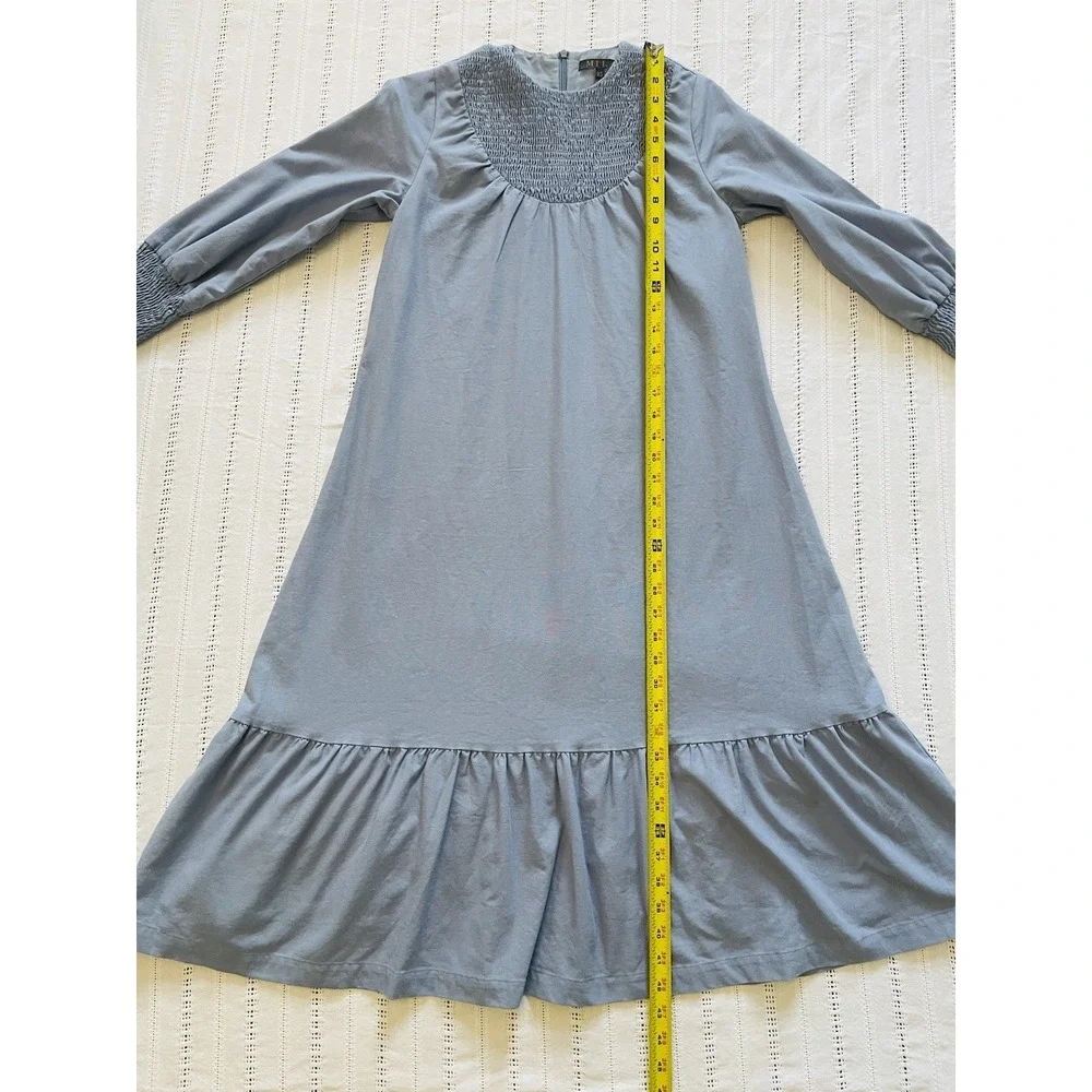Mila Light Blue Smocked Long Sleeve Tiered‎ MIDI Dress. Size XS. Linen Blend.